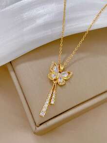 1件时尚蝴蝶形流苏轻奢项链，适合日常佩戴和聚会，情人节配饰，送给时尚青少年的理想礼物 - 金色 - 查看 3