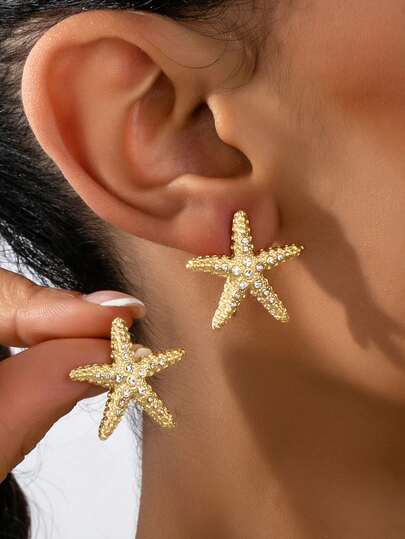 1 Pair Fashionable Luxury Rhinestone Starfish Earrings, Elegant Glamorous Jewelry For Women, Suitable For Daily Wear, Vacation, Date, Banquet, Party, Ocean-Themed Beach Resort Accessory