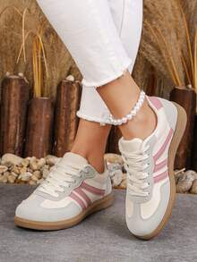 LUCKY STEP Women's Flat Fashion Sneakers, Retro Classic Lace-Up, Stylish Leather & Mesh, Tennis/Running/Walking Shoes - Pink - View 4