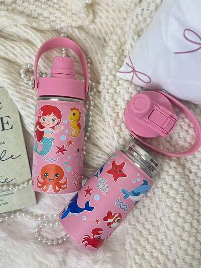 1个12盎司不锈钢保温水瓶 - 粉色海底主题，带翻盖和提手，双层真空保温杯，适用于冷热饮，防漏便携旅行杯，可爱海洋生物印花，方便携带的饮水杯