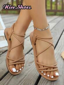 新款女士圆头系带一脚蹬平底凉鞋，系带平底凉鞋时尚简约极简风格舒适，适合旅行，海滩，白色，棕色，黑色，豹纹，花卉 - 卡其色 - 查看 12