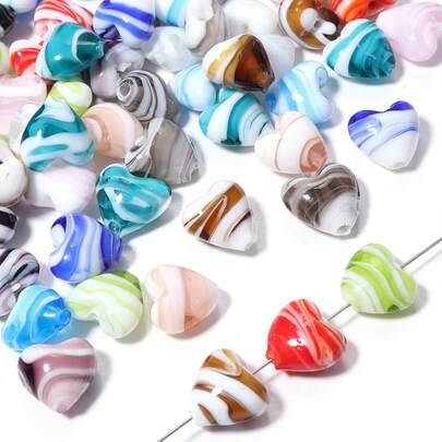 5Pcs 15mm Large Murano Heart Malachite Green Candy Stripes Lampwork Crystal Glass Pendant Bead For Making DIY Love Earring Accessories