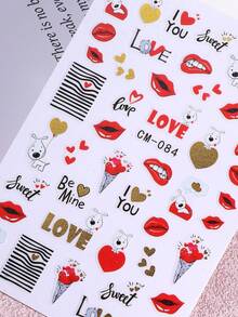 2pcs Cartoon Heart Dog Lip Texture Love Letter Valentine's Day Golden Gradient Pattern Nail Art Stickers, Nail Decoration DIY Nail Tools Nail Supplies - Multicolor - View 9