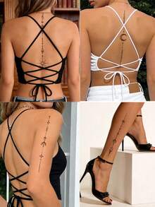 黑色条纹脊椎纹身贴纸，饰以简约星形元素、几何线条、日月星辰和莲花图案。临时纹身贴纸，适合DIY嘉年华、情人节、派对节日礼物，可贴于脊椎、胸部、腰部和腹部。防水纹身贴纸。 - 黑色 - 查看 5