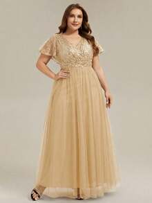 EVERPRETTY Plus Size Women's Summer V-Neck Sequin Patchwork Ruffle Sleeve Mesh Gold Evening Gown, Elegant Formal Cocktail Party Wedding Guest Dress Spring - Gold - View 2