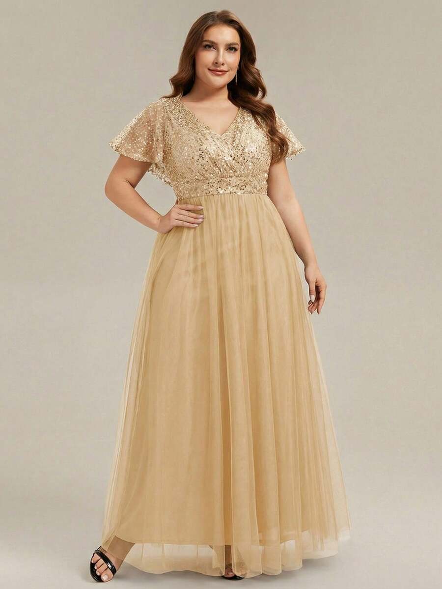 EVERPRETTY Plus Size Women's Summer V-Neck Sequin Patchwork Ruffle Sleeve Mesh Gold Evening Gown, Elegant Formal Cocktail Party Wedding Guest Dress Spring