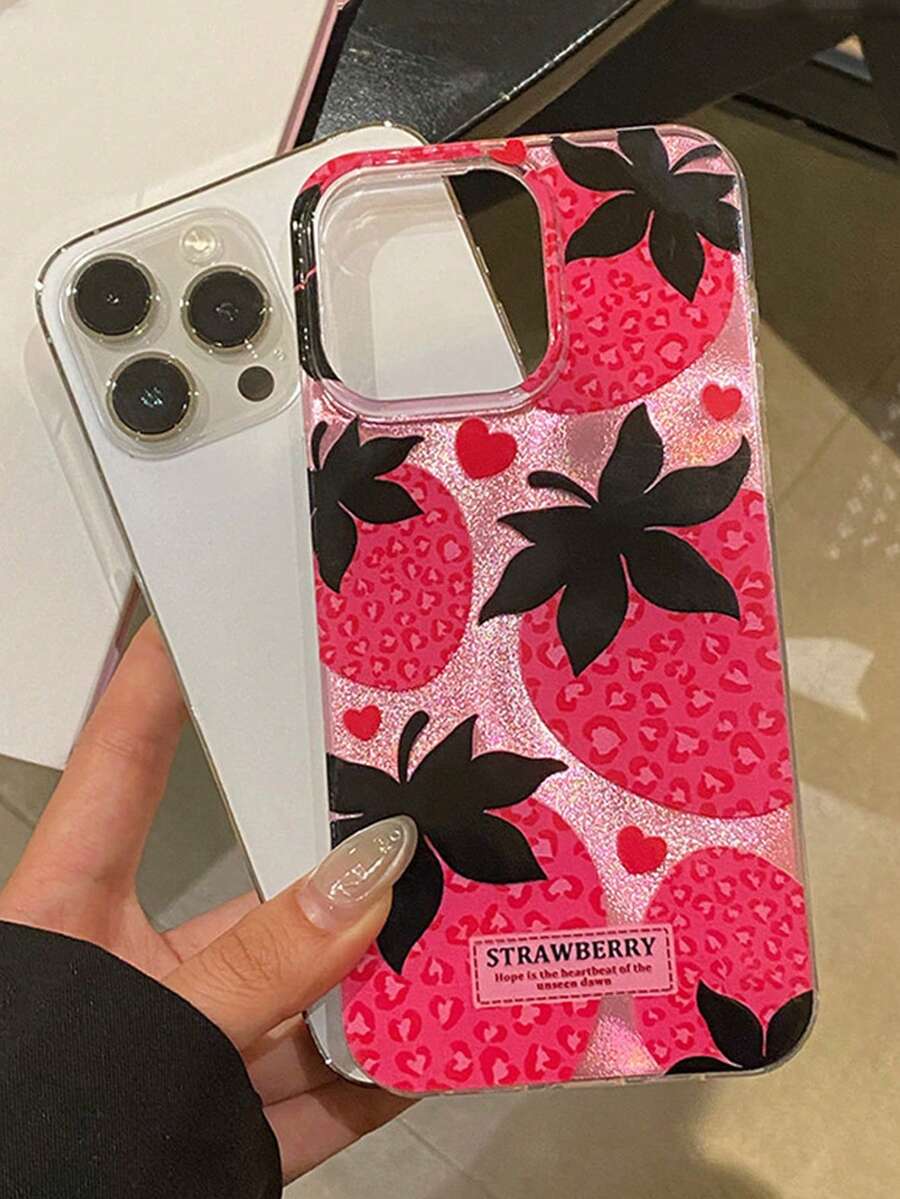 1个可爱豹纹草莓爱心图案防震全包手机壳，兼容 17 Pro、16 Pro Max、15 Plus/14 Pro、13/12/11，时尚高端 - 粉色 - 查看 1