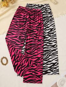 2件套女士宽松舒适斑马纹印花睡裤，透气休闲睡衣，春夏款 - 彩色 - 查看 1