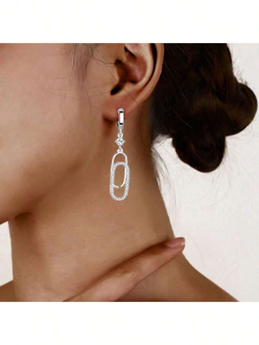 1pc Minimalist Unique 925 Silver Resin Heart & Dog Double Circle Earrings, Suitable For Women, Holiday, Party, Wedding, Gift - Silver - View 1