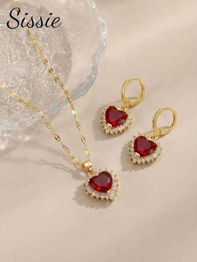 3 Parçalı Zarif Lüks Kübik Dekorlu Kalp Kolye + Küpe Seti, Kız Çocuklar İçin Uygun, Sokak Giyimi, Parti, Tatil, Randevu, Yıldönümü, Anneler Günü İçin Şık, Anne, Aile, Arkadaşlar, Kız Arkadaş, Kız Çocuk, Kız Kardeş İçin Hediye