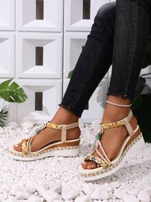 女士时尚圆头串珠波西米亚风厚底坡跟凉鞋 - 米色 - 查看 5