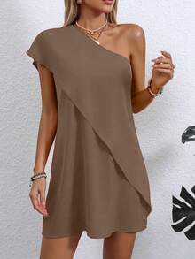 Lightweight Polyester Asymmetric Off-Shoulder Dress - Women's Fitted Style, Casual - Coffee - View 2