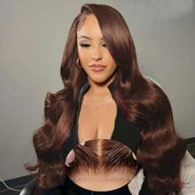 13x6 13x4HD 透明蕾丝前假发，巴西原生人发混纺，自然波浪卷，34英寸 - 200% 密度，预先拔毛，无胶前假发，带婴儿发，女士款，自然黑，无需胶水，即戴即用 - 棕色 - 查看 4