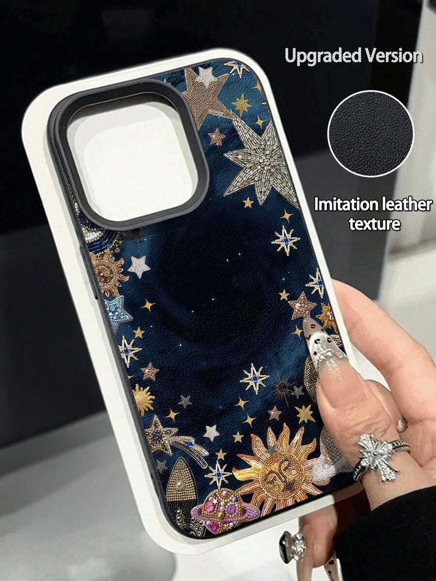 黑色星形图案时尚手机壳 1 件装 黑色夜空复古太阳图案 防水防摔防滑软壳保护套 兼容苹果手机，生日礼物