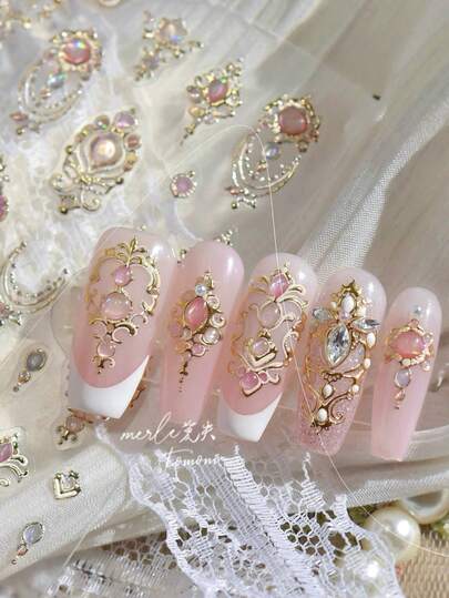 1pc 5D Metallic Elegant Gemstone Nail Stickers , Light And Sophisticated Style, Gold-Edged Scepter Decoration Nail Decals, Nail Art Accessories.