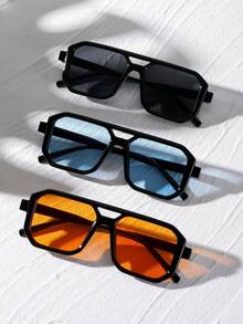 3pcs Women's Rectangular Double-Beam Fashion Glasses , Suitable For Summer Beach Vacation, Outdoor Travel, Casual Style Oversized Aviator Frame, Suitable For Outings And Back To School Season - 3 Pieces (black, Blue, and Orange) - View 4