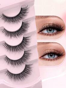 ENCHUW 5 pares de pestañas postizas de aspecto natural con banda transparente, esponjosas y suaves, extensiones de maquillaje de imitación de visón - Negro - Ver 4