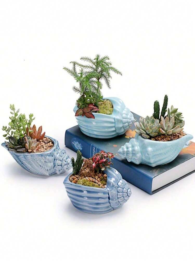 1pc, Blue Conch Ocean Series Ceramic Base Serial Set Succulent Plant Pot Cactus Plant Pot Flower Pot Indoor Planters For Home Office Outdoor Garden Perfect Gift Idea (Plants Not Included) - Alien - View 4