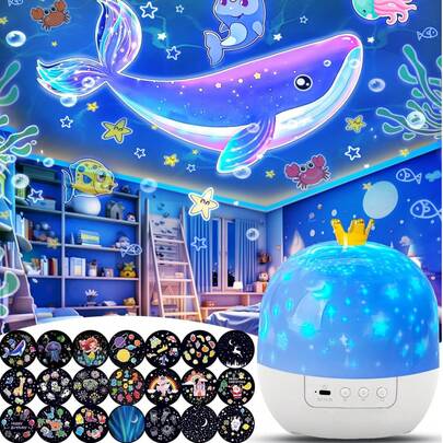 Đèn ngủ chiếu hình vương miện kèm 21 bộ phim chiếu - Xoay 360° hiệu ứng bầu trời sao & cấp nguồn USB, đèn ngủ có 3 chế độ màu, trang trí trần nhà/phòng ngủ hiện đại, quà tặng cho tiệc tùng, Giáng sinh, Ngày Valentine, trang trí tiệc.