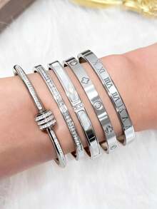 2026新款不锈钢戒指，多种款式设计（罗马数字、四叶草、水钻镶嵌等），通勤百搭，奢华配饰，可叠戴，低过敏性，独特设计，节日礼物 - 銀色 - 查看 3