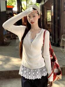 Apricot Lace Patchwork Cute Semi-Sheer Crew Neck Partial Placket Long Sleeve Women Sweater, Autumn/Winter - Apricot - View 5