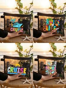 Cruise Life字母图案网眼化妆包，饰有椰子树、贝壳、鲸鱼、海星图案，红色气垫收纳便携包，化妆包，护肤包，旅行必备，宿舍用品，新娘礼物，母亲礼物，生日礼物，化妆品收纳包，化妆袋，洗漱包，旅行洗漱包 - 彩色 - 查看 2