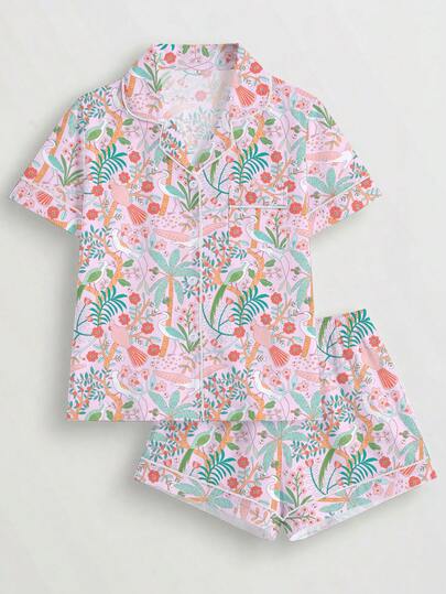 2 件套女士花卉和鸟类印花睡衣套装，短袖衬衫配翻领纽扣和宽松松紧腰短裤，节日派对睡衣，撞色饰边时尚，舒适休闲家居服，两件套