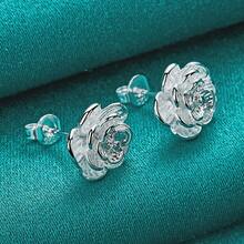 925 Sterling Silver Rose Gold Plated Flower Stud Earrings, Charming Jewelry For Wedding Engagement - Silver - View 5