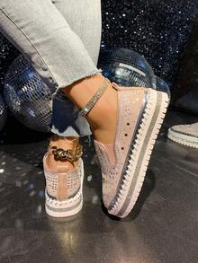 春秋季水钻装饰乐福鞋，女士透气休闲平底鞋，时尚套脚慵懒鞋 - 粉色 - 查看 2