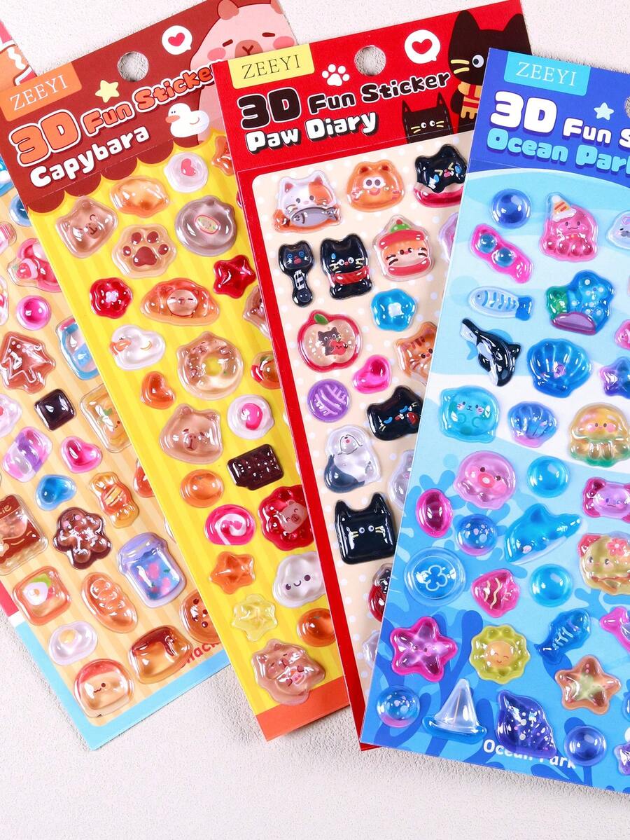3D Embossed Crystal Stickers, Acrylic Resin Embossed Stickers, DIY Phone Case Decorations, Animal And Food Themed 3D Self-Adhesive Papers, PVC And Acrylic Reward Decorative Stickers, Suitable For Making Phone Cases Or Adding Cute Decorations To Water Bottles, Toys, Boxes, Electronics And Other Items. - Multicolor - View 1