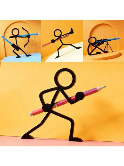 火柴人战士笔筒 - 多姿势创意桌面铅笔架，趣味办公桌装饰，射击/射箭/跑步造型文具收纳架及礼品