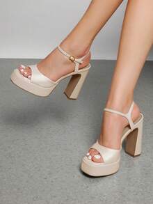 Women Chunky High Heeled Sandals 2026 New Spring Summer Sexy Open Toe Ankle Strap Super High Heel Sandals Suitable For Party Runway - Màu be - Xem 2