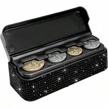 Bling Coin Holder Car, Coin Change Storage Box With 4 Compartment, Universal Portable Money Organizer Dispenser For Most SUVs Trucks (Black) - A - Xem 1
