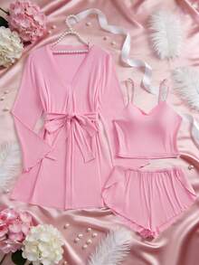 3pcs Women Sexy Sleepwear Set, Including Long Sleeve Long Nightgown (With Belt And Adjustable Straps), Ladies Camisole And Loose Shorts (Side Slit), Comfortable Stretchy Pajama Set - Pink - View 2
