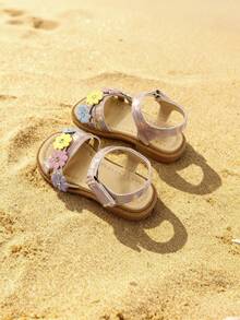 1 Pair Girls Sandals Floral Decor Open Toe Flat Sole Adjustable Strap Cute Summer Shoes - Pink - View 6