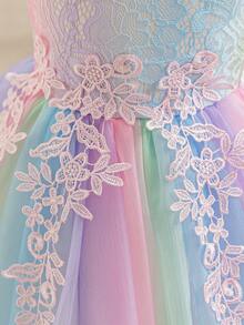 Girls' Princess Lace Rainbow Tulle Dress, Colorful Gradient Puff Mesh Dress For Birthday Party, Holiday, Performance, Ballet Dance, Sleeveless Cute Backless Dress For Girls - Multicolor - View 9