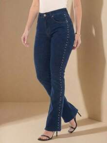 pthirillo Women's Dark Blue Flare Jeans With Butt-Lifting, High Waist, And Rhinestone Detail - Premium Rhinestone Jeans - Spike On the Side - View 3