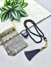 1/2/5 Set Elegant Gold Foil Star & Moon Organza Bag With Tasbih (Dhikr Counter) Set, Ramadan Gift Set, Portable Tasbih | Dhikr Counter For Ramadan - D-Silver - View 4