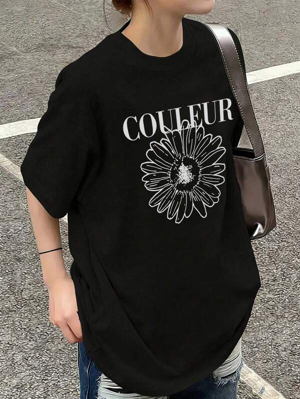 女士休闲宽松圆领纯棉字母花卉印花卡通短袖T恤，春夏款