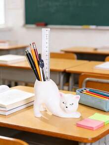 1个可爱白色猫咪造型笔筒收纳盒，多功能学生文具收纳盒，化妆刷收纳盒，家居办公桌装饰，返校季及猫咪爱好者礼物，办公桌配件，办公用品 - A - 查看 6