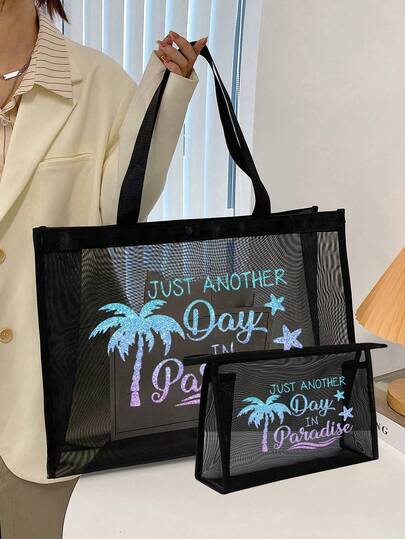 Bộ 2 túi lưới dung tích lớn, họa tiết cây dừa, hiệu ứng chuyển màu lấp lánh, túi lưới đi biển in hình cây dừa, túi tote lưới đi biển, túi đựng mỹ phẩm bằng lưới, túi bơi gấp gọn dung tích lớn chống nước và cát, túi tote lưới đi biển trang trí chữ cái, túi xách đeo vai cho nữ, túi quà tặng cá nhân hóa, thích hợp cho đi làm, mua sắm, du lịch và sử dụng hàng ngày, món quà hoàn hảo để tặng bạn bè.