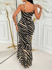 AIJ Amarilo 性感女士长款斑马纹紧身晚礼服，吊带设计，网纱细节，适合派对、夜店及其他特殊场合，黑色 - 查看 2