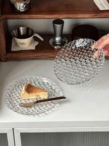 1pc Creative High-End Woven Texture Glass Round Plate, Elegant Transparent Breakfast/Fruit/Dessert Serving Tray - Clear - View 3