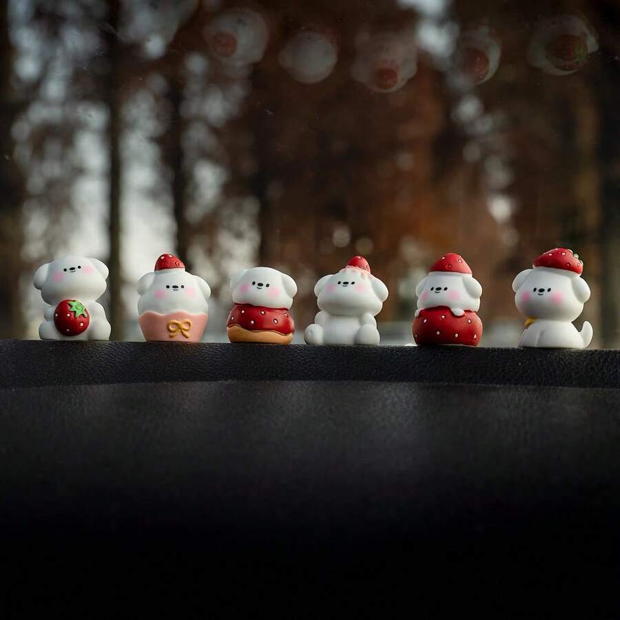 2/6pcs Cute Strawberry Puppy Mini Sculpture, Suitable For Car Dashboard Decor - Perfect For Decorating Your Car Dashboard, Computer Desk, Office Computer Screen, And Office Desk. These Are Small Decorative Items And Gifts (Using Non-Trace Adhesive). - A - View 1