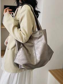 1个复古风女士软皮大容量单肩包，女士办公通勤手提包，腋下包，适合购物、休闲、度假 - 金色 - 查看 8