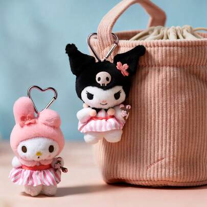  Sanrio Official Sakura Series Kuromi And My Melody Sakura Pattern Dress, Plush Keychain, Floral Pendant Suitable For Backpacks, Gifts For Women On Christmas, Valentine''s Day, Easter, Mother''s Day