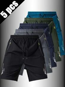 Bộ 5 quần short thể thao nam dáng rộng, nhanh khô, có sọc phản quang, kèm túi, khóa kéo và dây rút ở eo, thích hợp cho tập thể dục, chạy bộ và các hoạt động ngoài trời mùa hè. - Nhiều màu - Xem 8