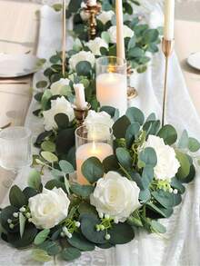 1/2个人造尤加利花环，配白色玫瑰，仿真花环，人造海滨海桐花环，配绿色藤蔓，适用于婚礼装饰、拱门悬挂玫瑰藤蔓、仪式背景、室内和派对、生日庆典、婚礼背景、门廊、桌面中心装饰 - 白色 - 查看 2