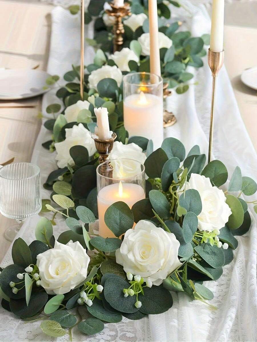 1/2个人造尤加利花环，配白色玫瑰，仿真花环，人造海滨海桐花环，配绿色藤蔓，适用于婚礼装饰、拱门悬挂玫瑰藤蔓、仪式背景、室内和派对、生日庆典、婚礼背景、门廊、桌面中心装饰