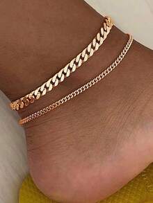 2pcs/Set Minimalist Stainless Steel Simple Chain Anklet For Men - Gold - View 2